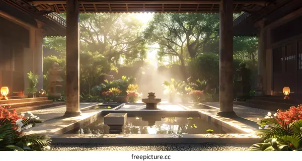 Courtyard with a fountain in the middle and lush green trees in the background