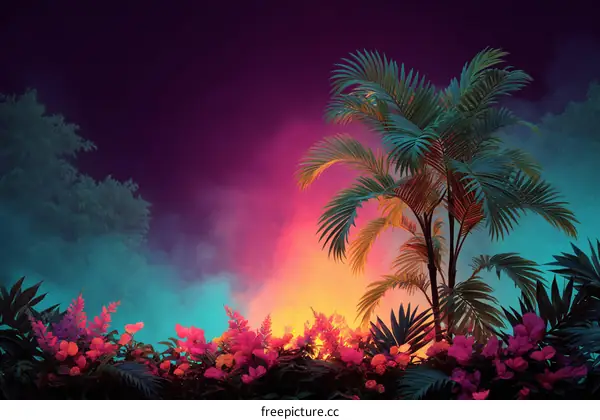 Neon Tropical Paradise Scene Illustration