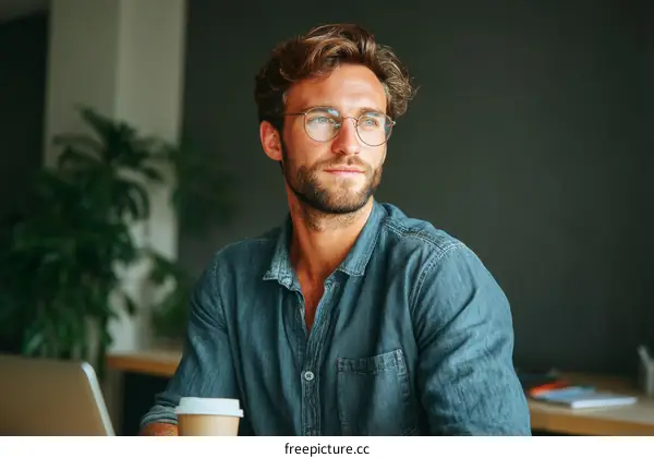 Thoughtful Caucasian Man in a Denim Shirt