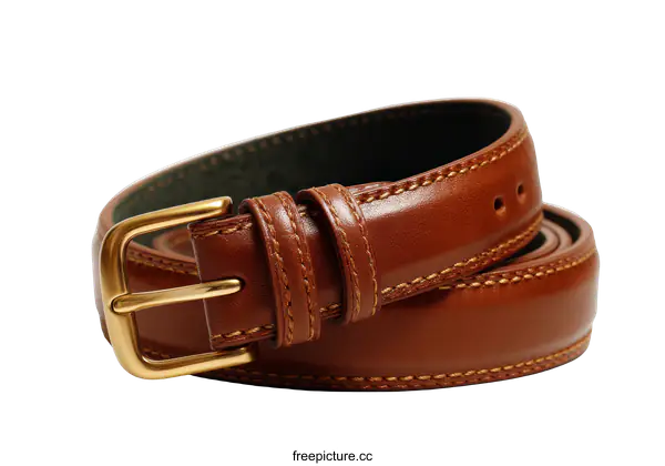 [Transparent Background PNG]Brown Leather Belt with Gold Buckle
