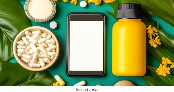 Green Background with Yellow Bottle, Pills, and a Phone