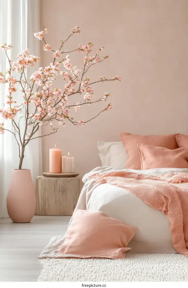 Spring Bedroom with Peach Blossom Branch