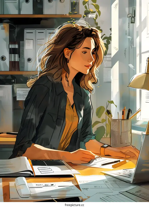 A woman is working at her desk in an office.