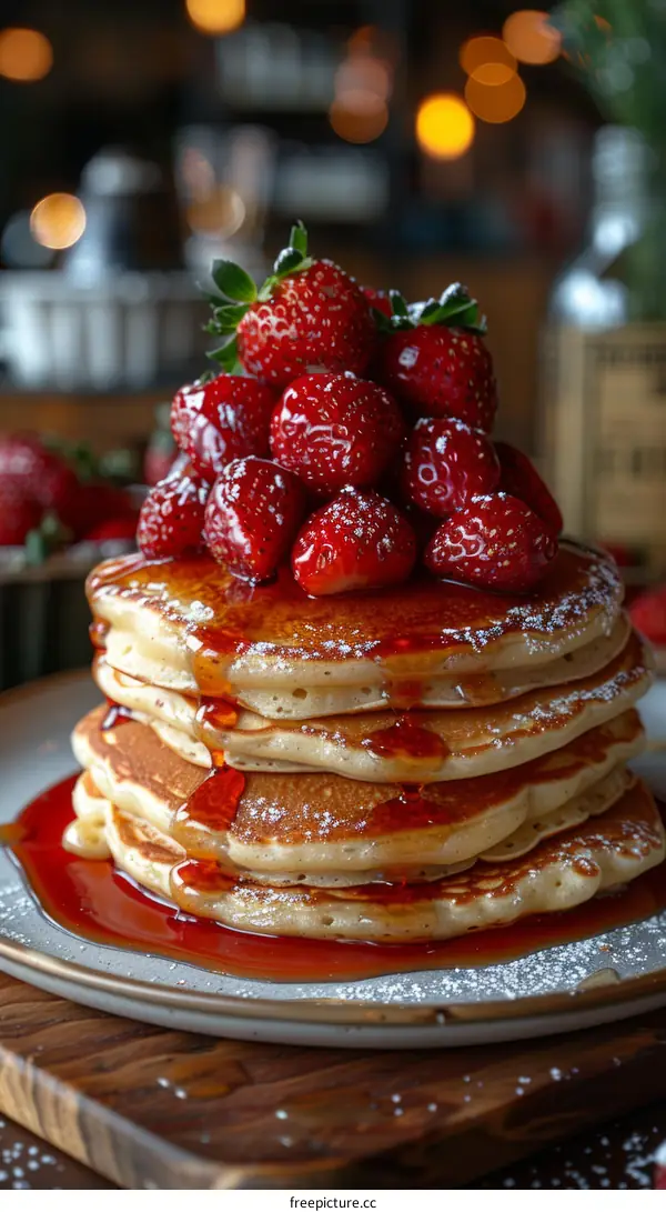 A decadent plate of pancakes topped with fresh strawberries and strawberry syrup
