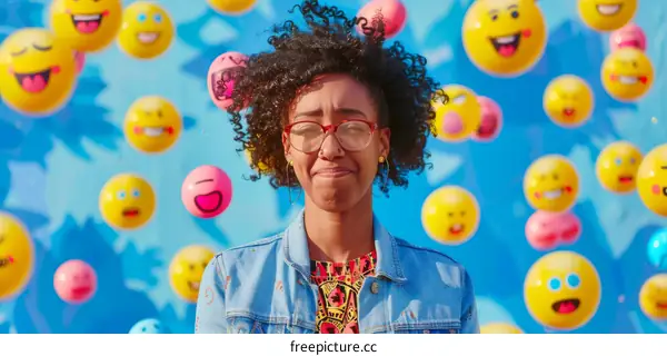 young woman of African descent with glasses surrounded by cartoon emojis