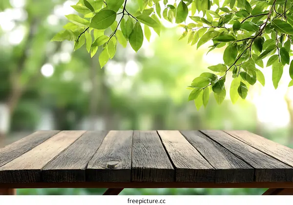 Wooden Tabletop with Blurred Green Park Background
