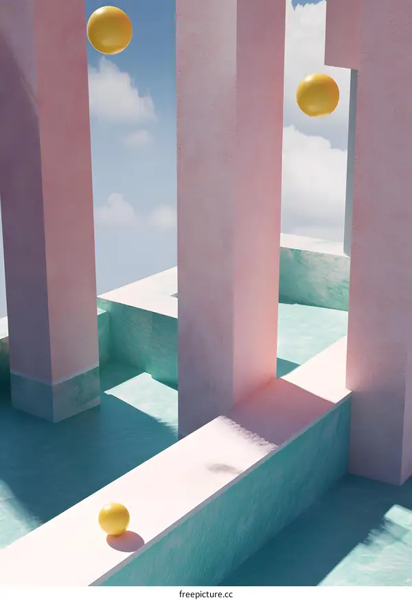 Abstract Minimalist 3D Render of Pink and Teal Geometric Shapes with Yellow Spheres