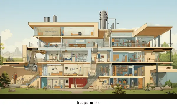 A cutaway illustration of a modern house