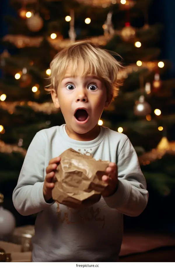 Little boy opening a Christmas present