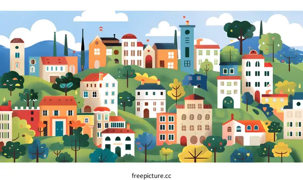 Colorful Illustration of a Village in the Countryside