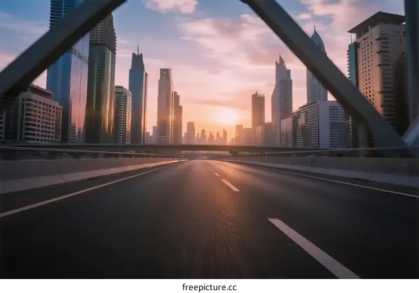 Sunset view of modern cityscape with empty road in foreground