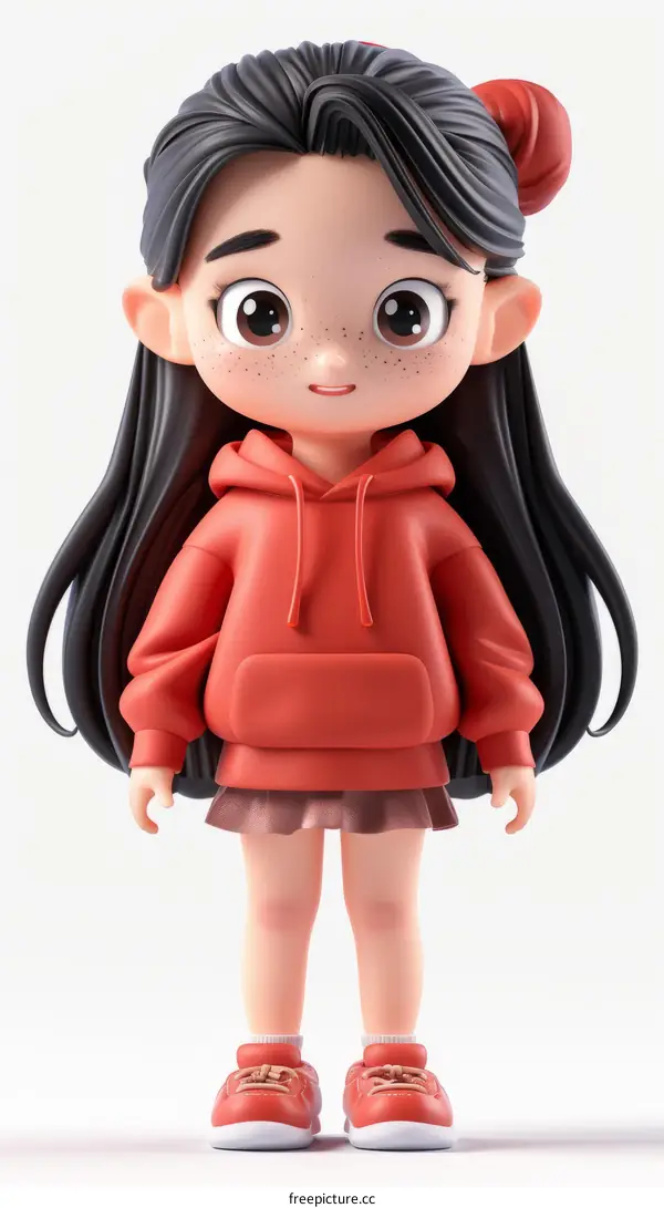 3D illustration of a cute Asian girl wearing a red hoodie