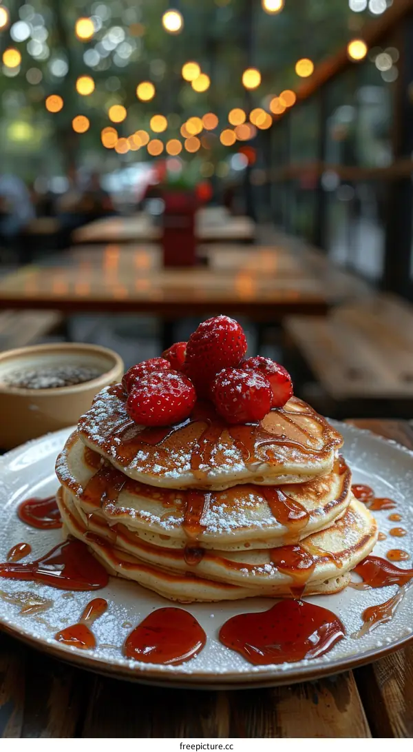 A decadent plate of pancakes topped with fresh strawberries and drizzled in syrup