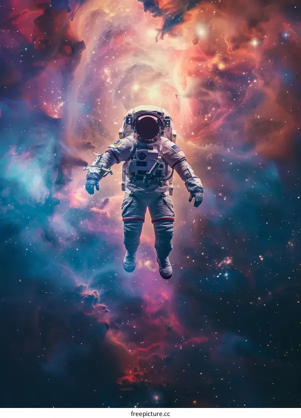 Astronaut in deep space surrounded by a colorful nebula