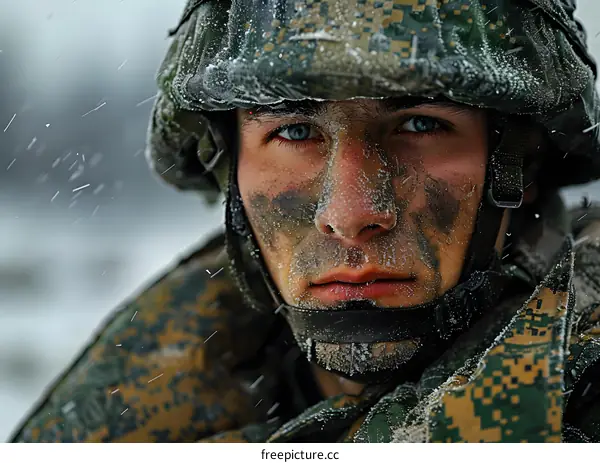 Portrait of a soldier in the snow