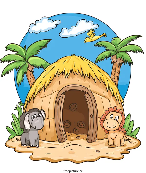 Cartoon Illustration Of A Hut In The Jungle With A Dinosaur And Elephant