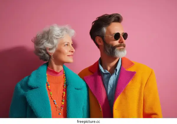 Stylish Couple in Vibrant Coats against Pink Background