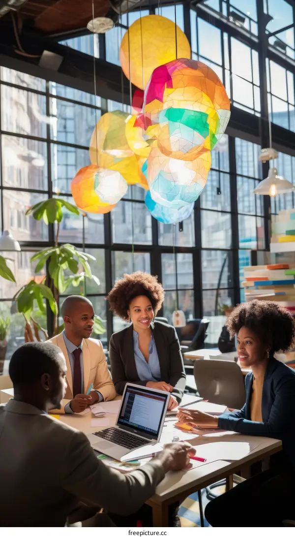 Four people in a meeting room with colorful lights
