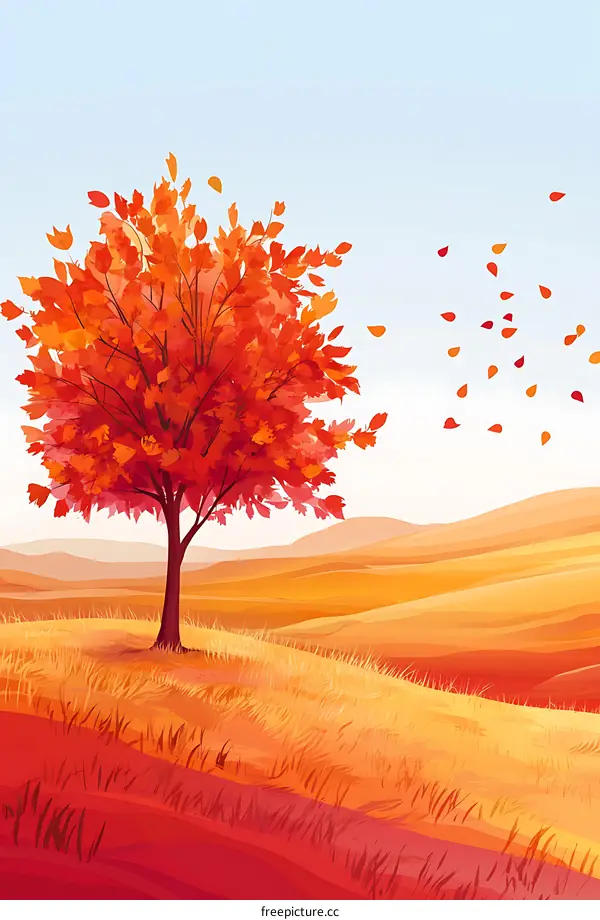 Autumn Landscape with Red Tree and Falling Leaves