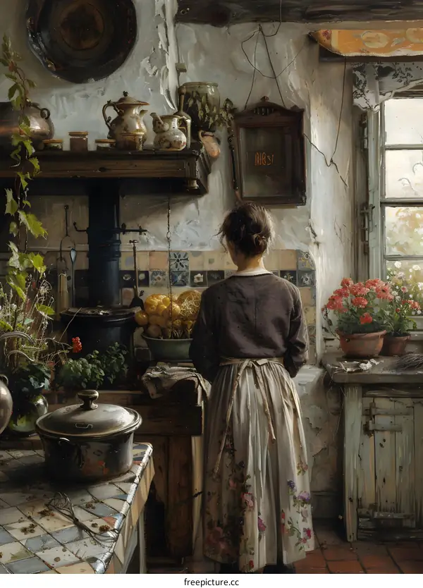 A woman is cooking in a kitchen