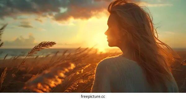 girl standing in a field of wheat watching the sunset