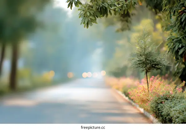 Morning Mist on the Park Road with Defocused Trees and Flowers