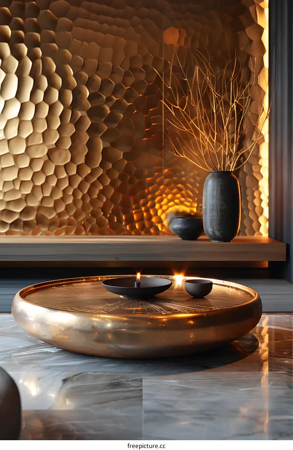 Golden 3D Wall Panel and Round Metal Coffee Table