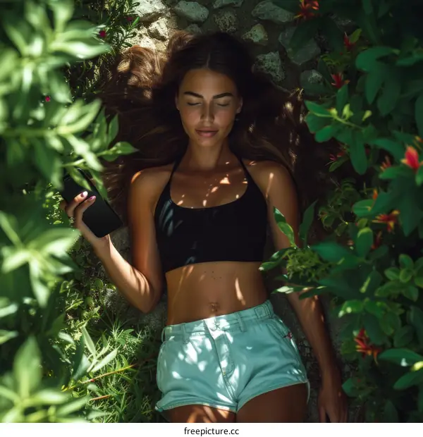 Young woman in black bikini top and blue denim shorts lying on the ground in the middle of green plants and holding a smartphone