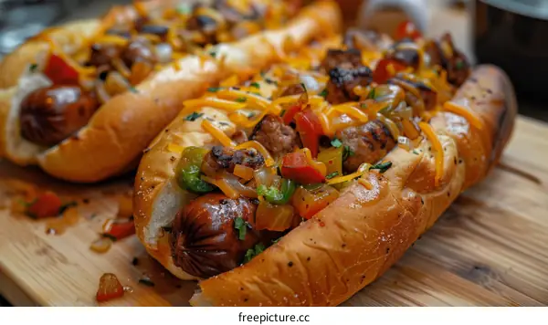 A plate of three sausages with peppers and onions on hoagie rolls