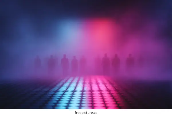 Silhouette People in Neon Foggy Night Scene