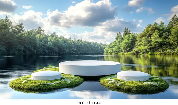 Calm Lake Scene with White Product Stand