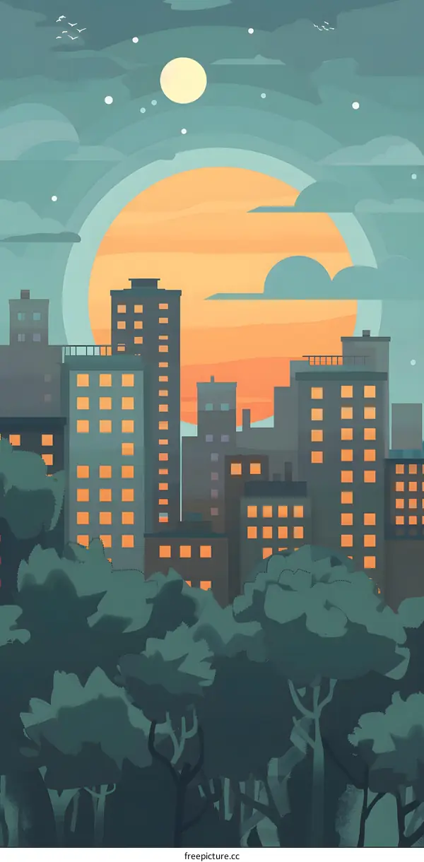 Cityscape Illustration with Sunset and Forest