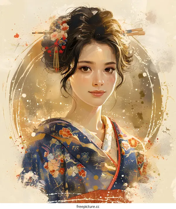 An illustration of a young woman with long dark hair wearing a traditional Japanese kimono with a floral pattern and a red obi.