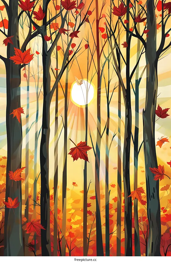 Autumn Forest with Sun Shining Through the Trees