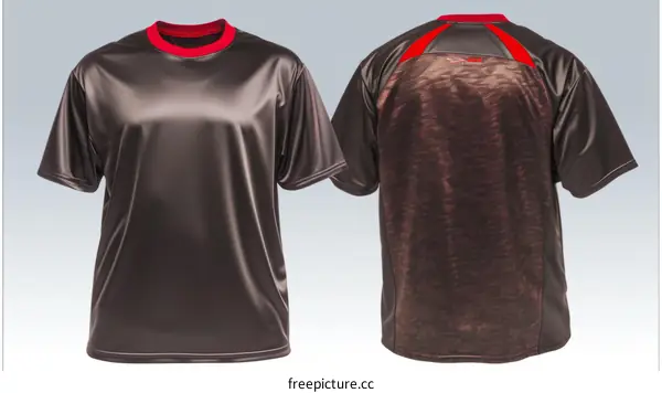 A brown and red t-shirt with a crew neck and short sleeves. The shirt has a red stripe around the collar and red accents on the shoulders.