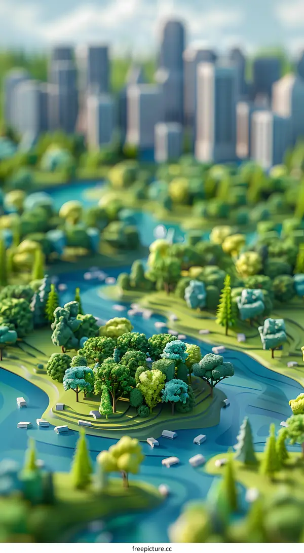 Green Cityscape Model with River and Trees
