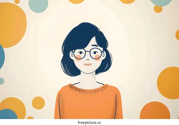 Smiling Woman Wearing Glasses and an Orange Sweater with a Polka Dot Background