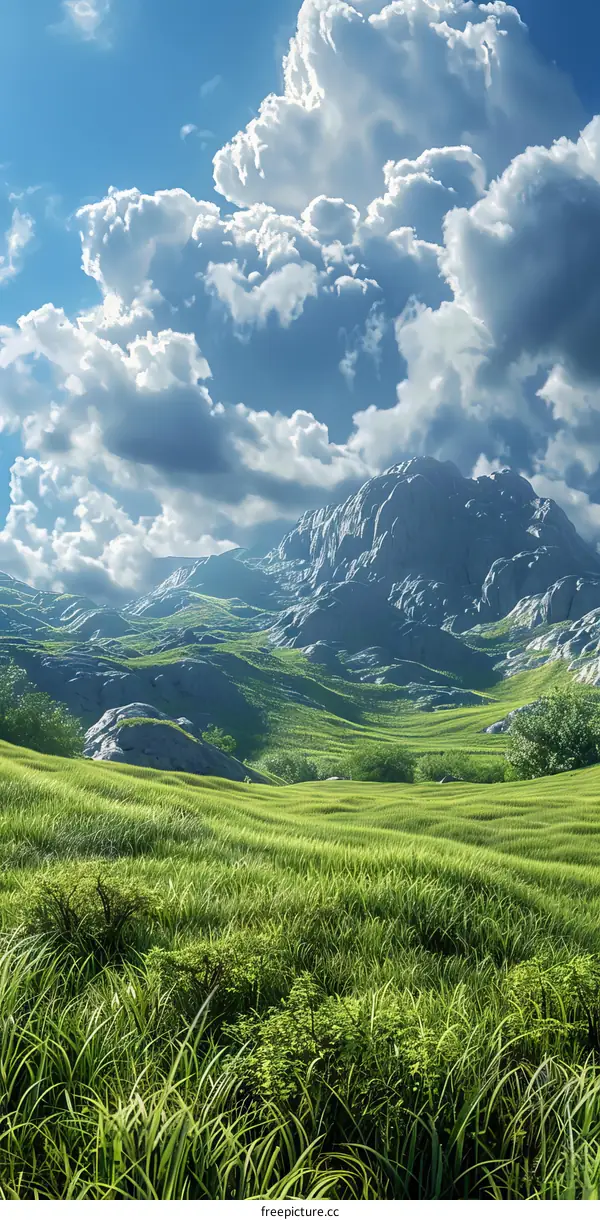 Tranquil Countryside Landscape with Rolling Green Hills and a Distant Mountain Range Under a Blue Sky with White Clouds