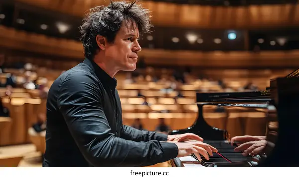 Pianist Performing on Stage in Concert Hall