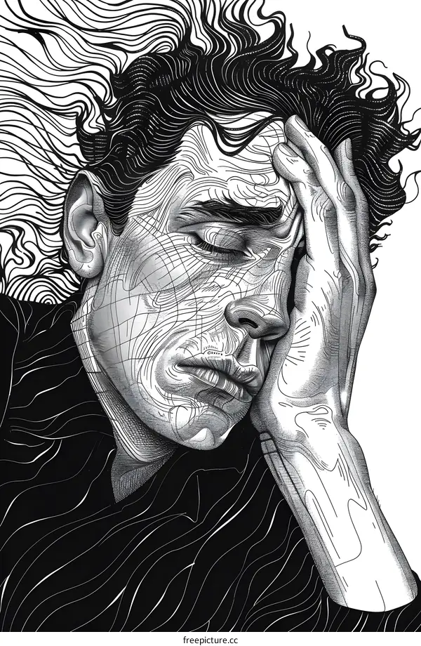Black and white line drawing of a man holding his head in his hand