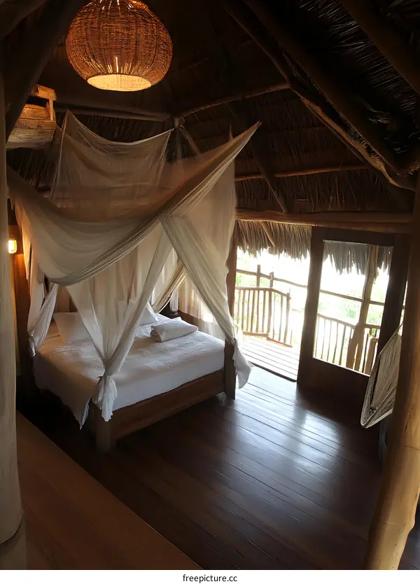 Tropical Cabin with Canopy Bed and Hammock