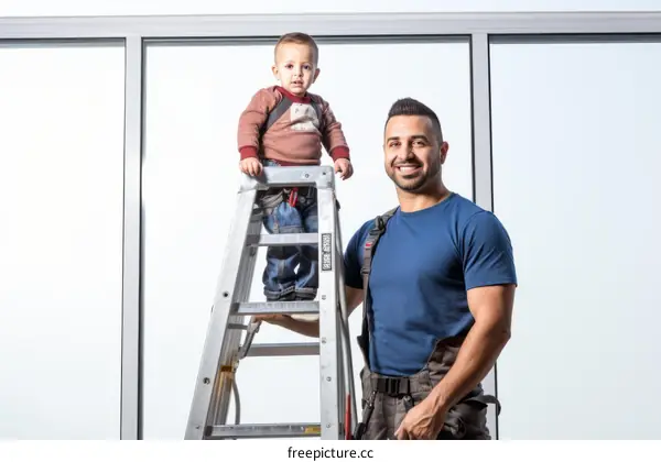 Father and son standing on a ladder