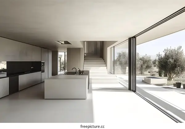Modern Minimalist Kitchen Interior Design with White Walls and Stairs