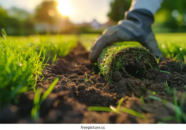 gardener laying new sod in the backyard