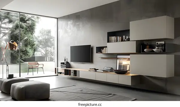 Modern Living Room With Concrete Wall And Large Window