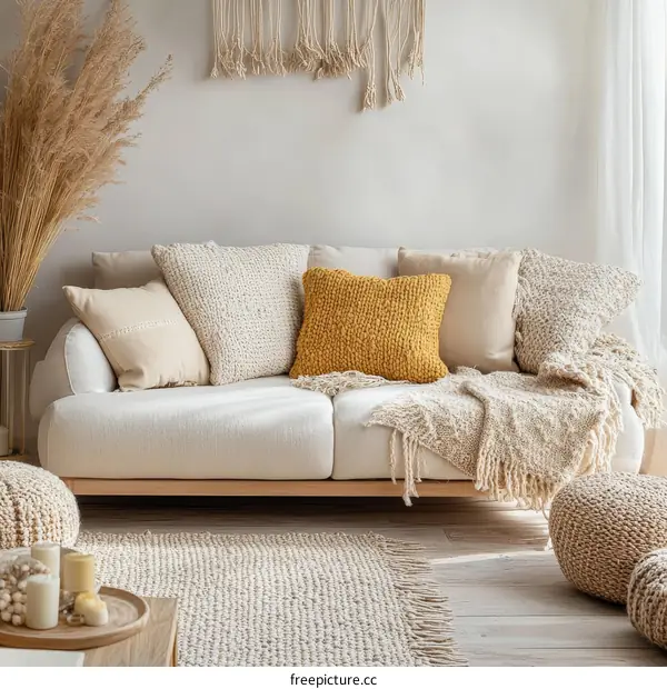 Cozy Living Room Decor with Knitted Throw Pillows