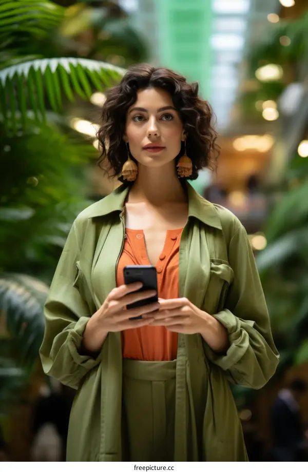 A young woman in a green suit is standing in a tropical garden and looking at her phone.