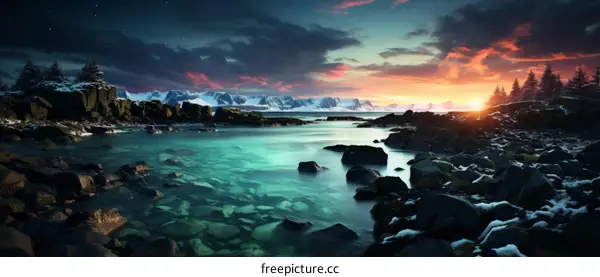 Rocky beach at sunset with snow capped mountains in the distance