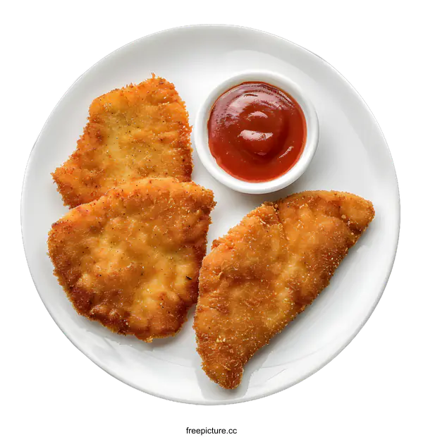 [Transparent Background PNG]Three pieces of fried chicken on a white plate with a side of ketchup