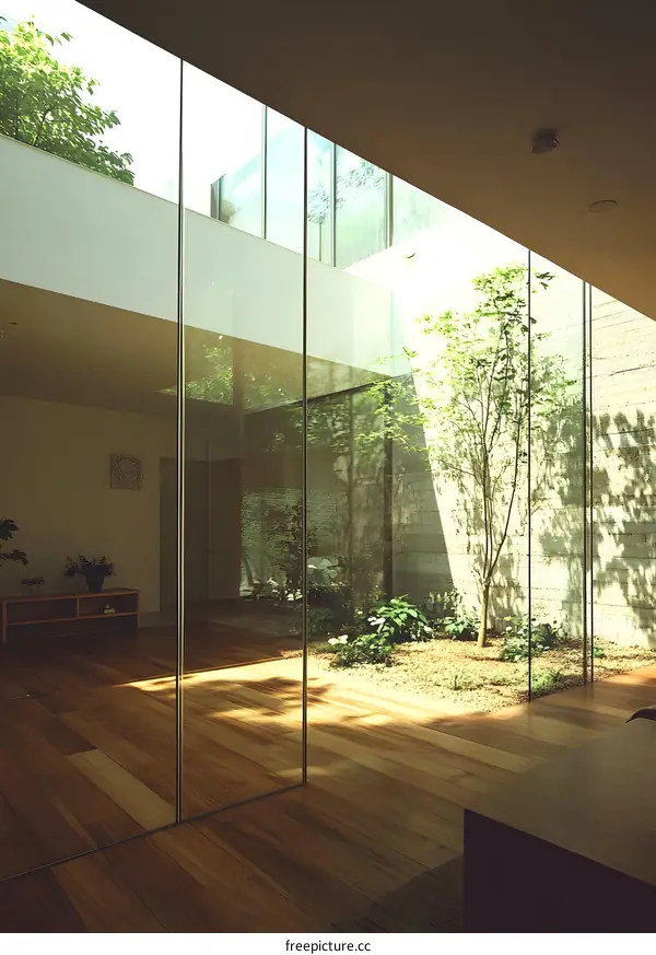 Modern Minimalist Home Interior Design with Glass Walls and a Small Courtyard